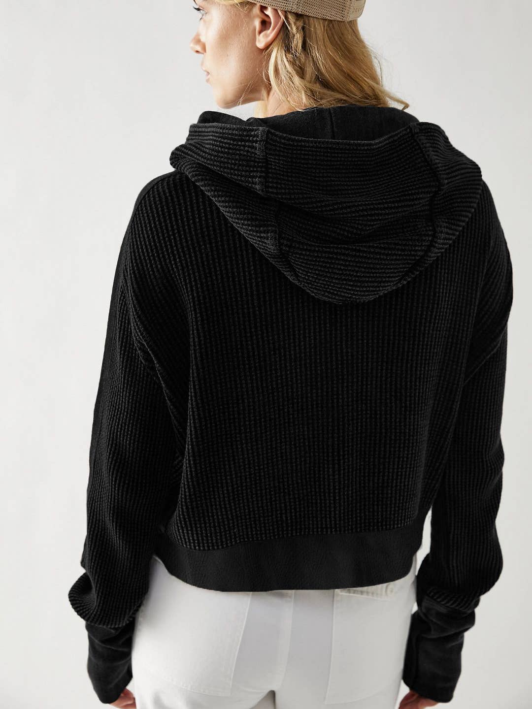 Half button zip up waffle crop hoodie sweatshirt jacket