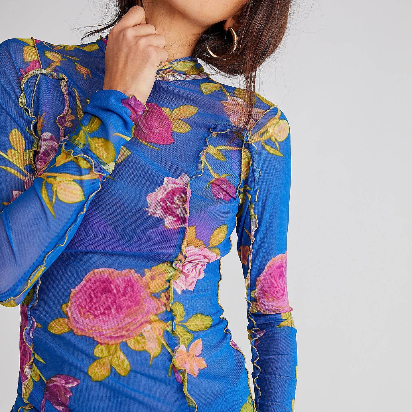 Slim-Fit Sheer Botanical Floral Print Turtleneck Top