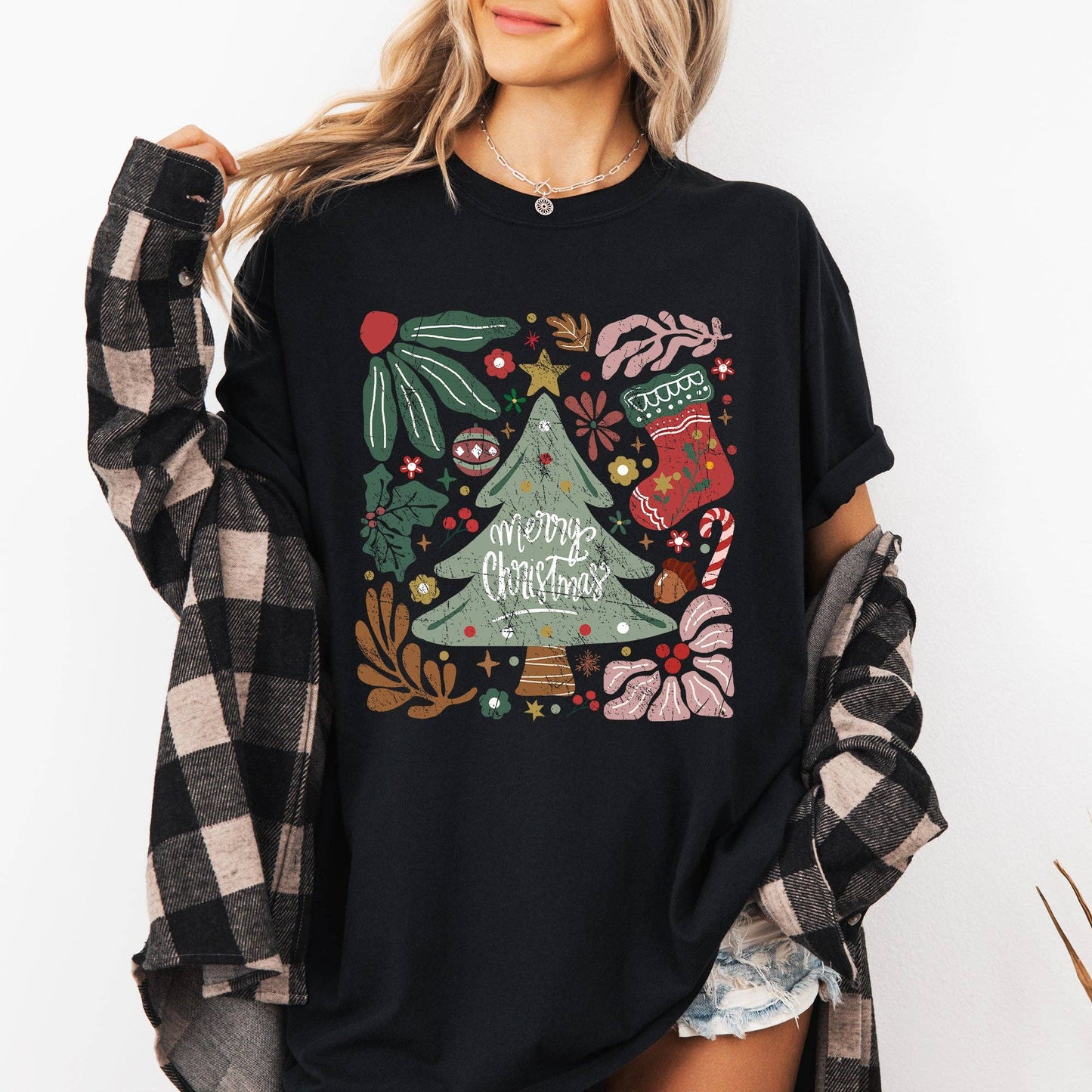 Merry Christmas, Green Floral, Flowers, Xmas Tshirt