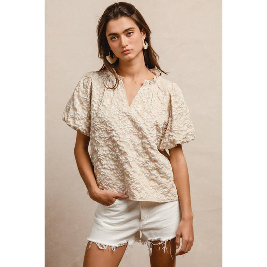 FLORAL PATTERN TEXTURE SLEEVES RUFFLED V-NECK TOP