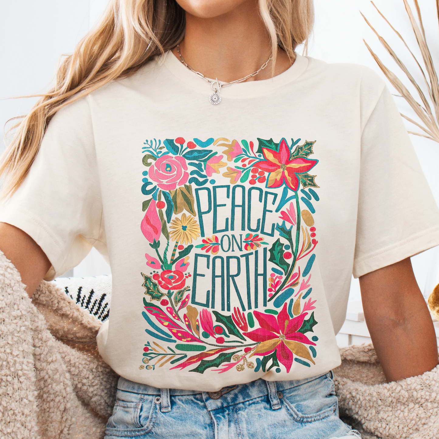 Peace on Earth floral Christmas graphic t-shirt, Holiday top