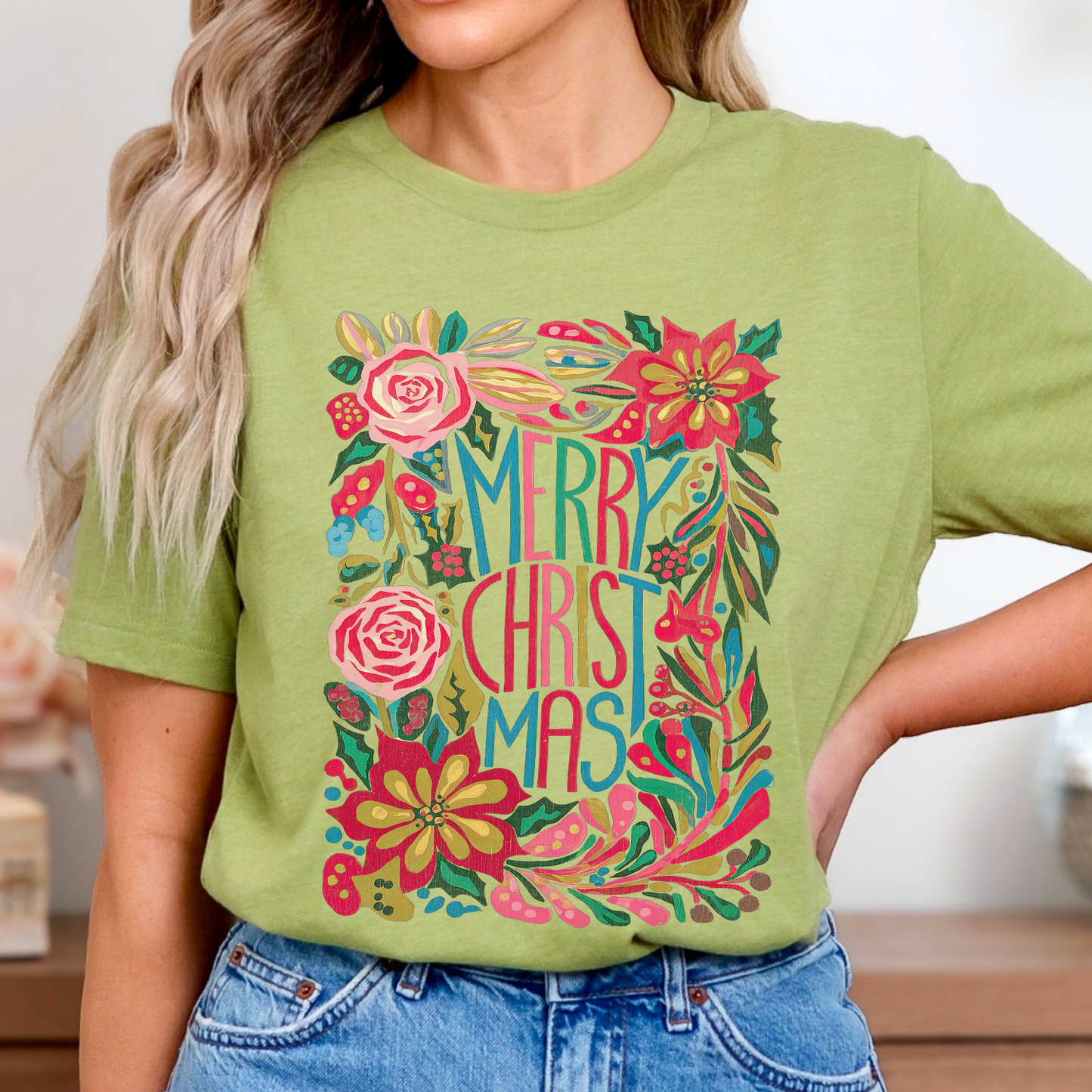 Merry Christmas Boho floral Christmas graphic t-shirt