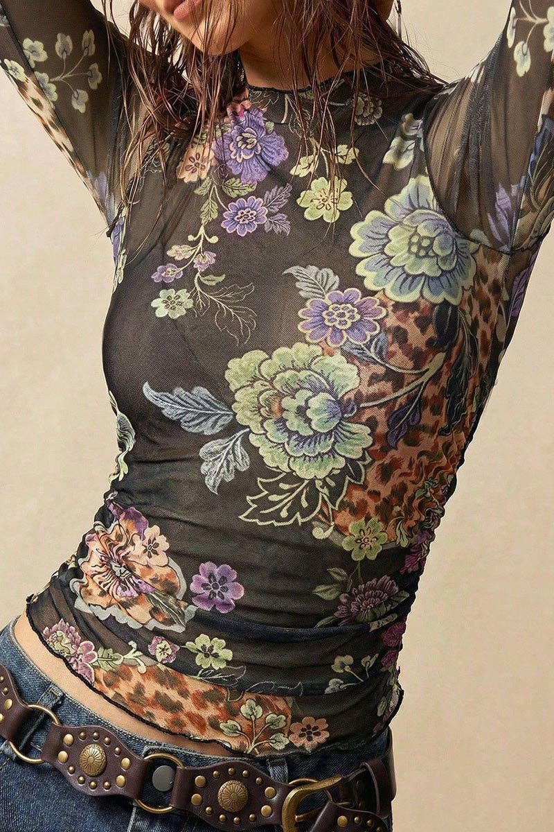 Sheer Floral Mock Neck Long Sleeve Blouse