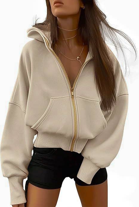 Cropped Loose Zipper Hoodie Women's Casual Pullover