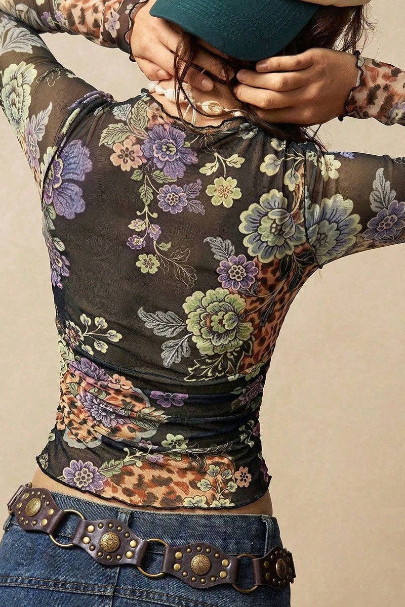 Sheer Floral Mock Neck Long Sleeve Blouse