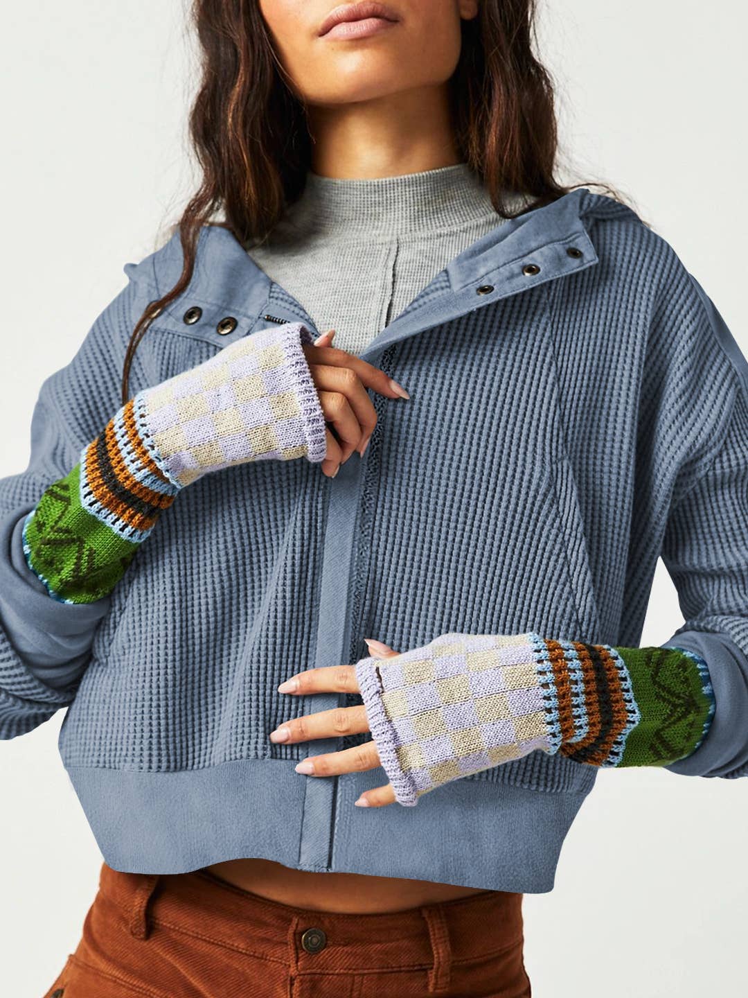 Half button zip up waffle crop hoodie sweatshirt jacket