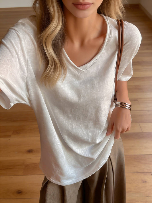 Cotton blend short sleeve roll neck tees V-neck T-shirt