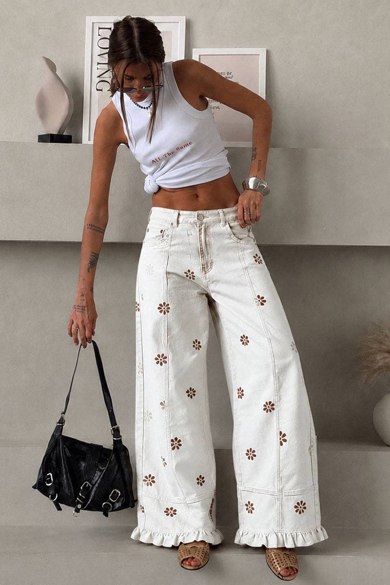 Floral Ruffle Hem Wide Leg Casual Pants