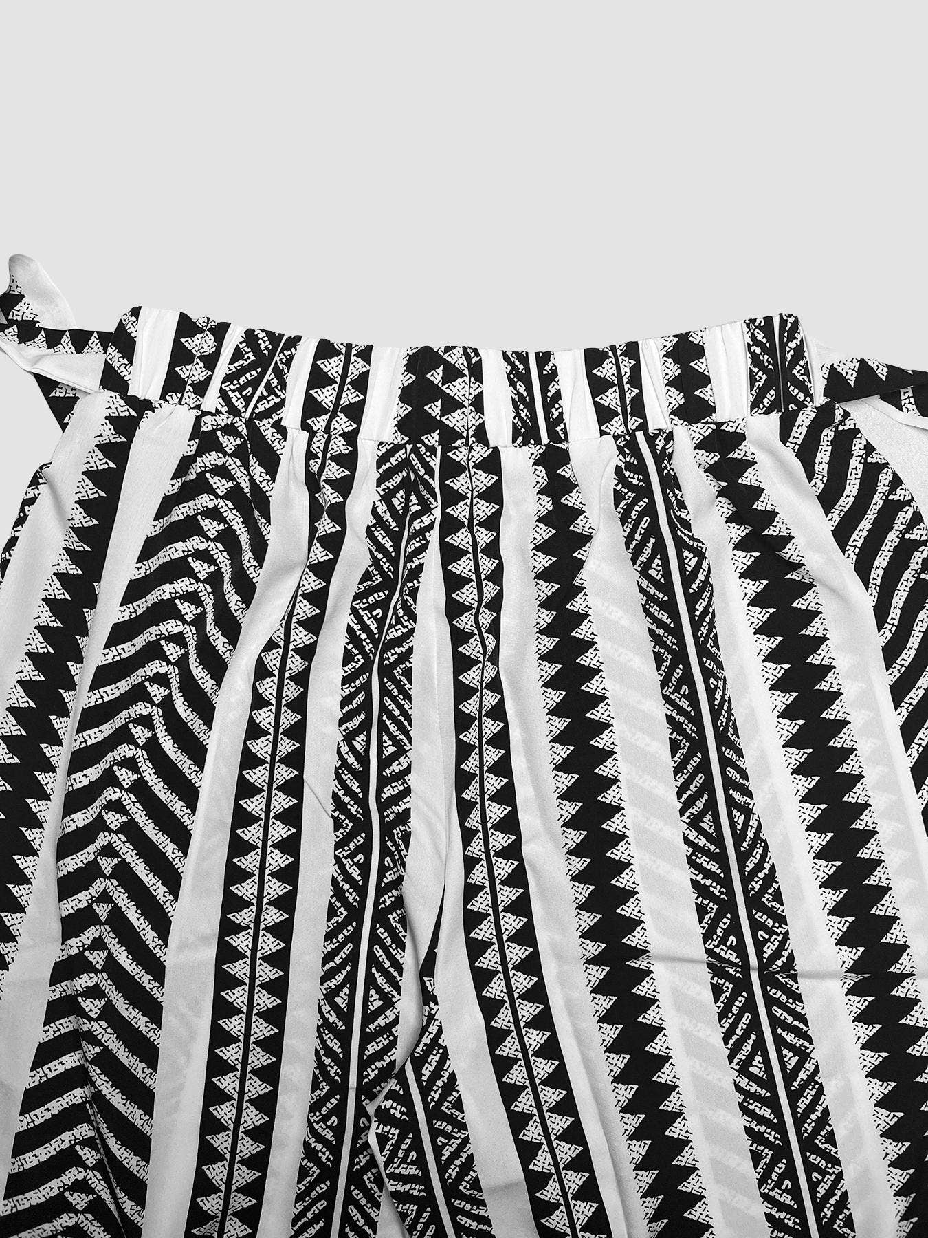 Tie Waist Boho Ethnic Geo Striped Wide Leg Pants