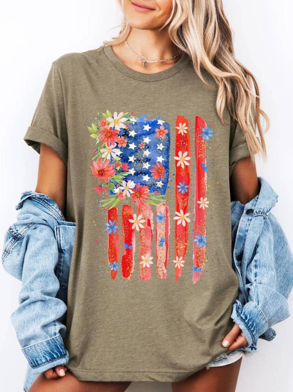 Floral American Flag 4th Of July Graphic Cotton Tee
