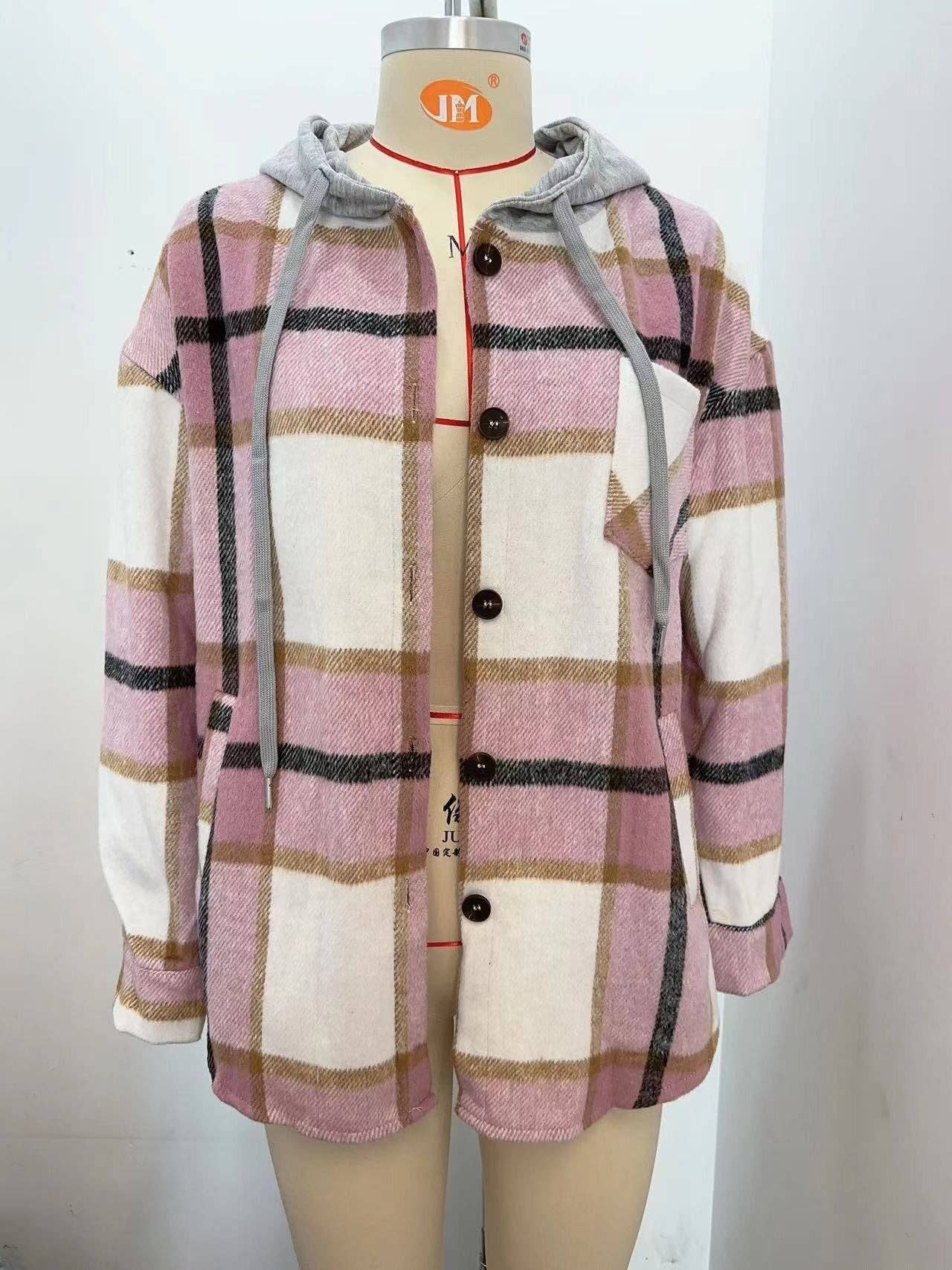Plaid Hooded Button Down Jacket Long Sleeve Casual Shacket