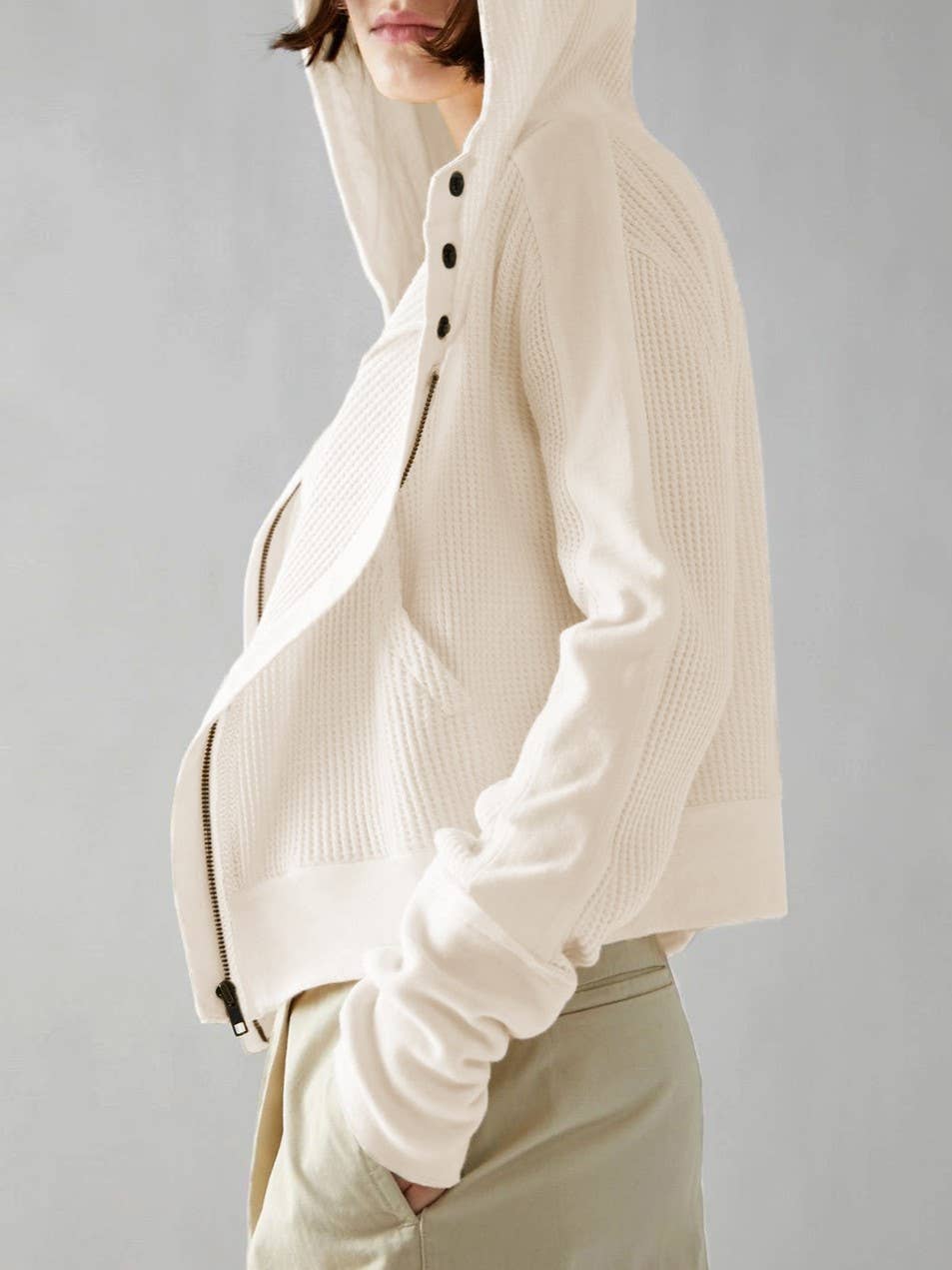 Half button zip up waffle crop hoodie sweatshirt jacket