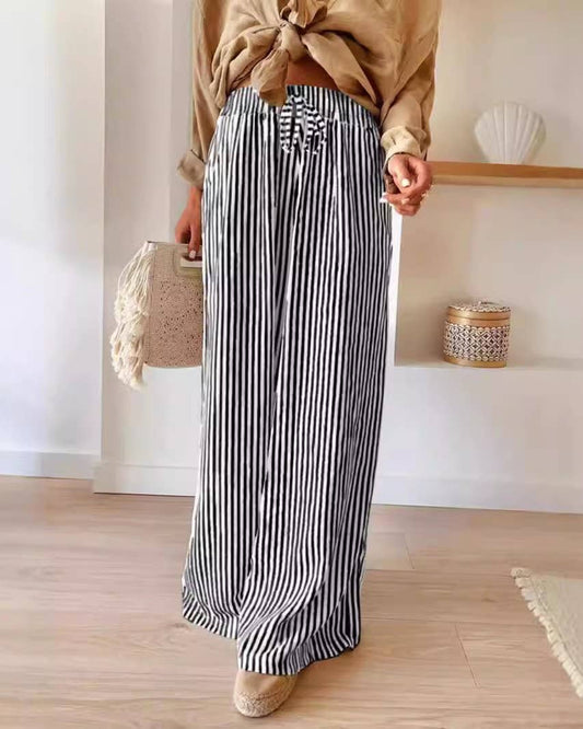 Boho Chic Stripe Print Wide Leg Drawstring Pants