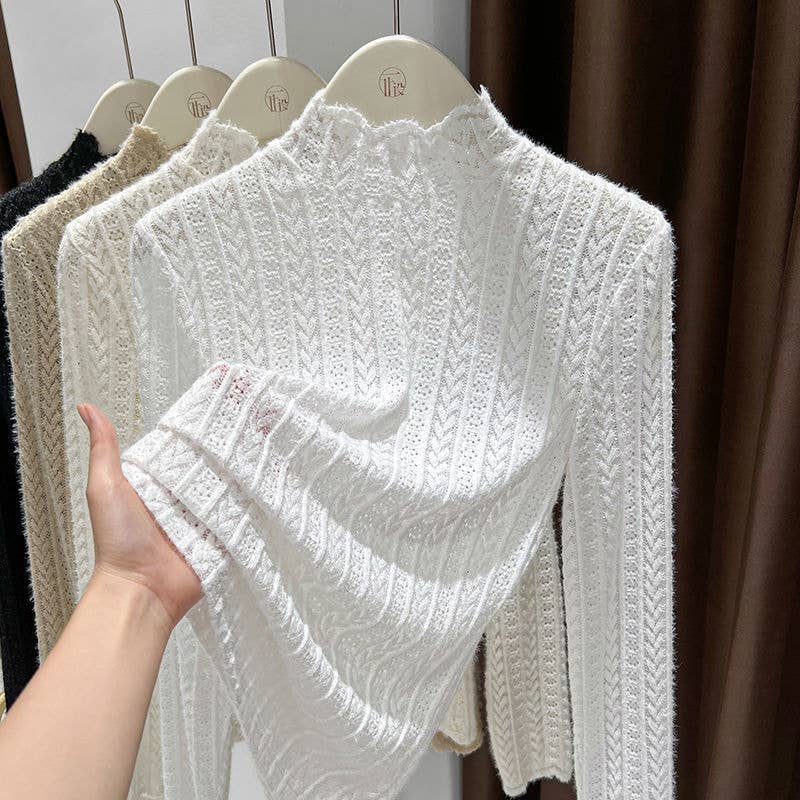 Soft knit Fluffy Texture Lace High neck Layering Top