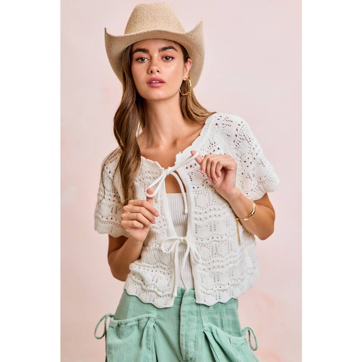 FRONT BOW TIE DETAIL POINTELLE KNIT TOP
