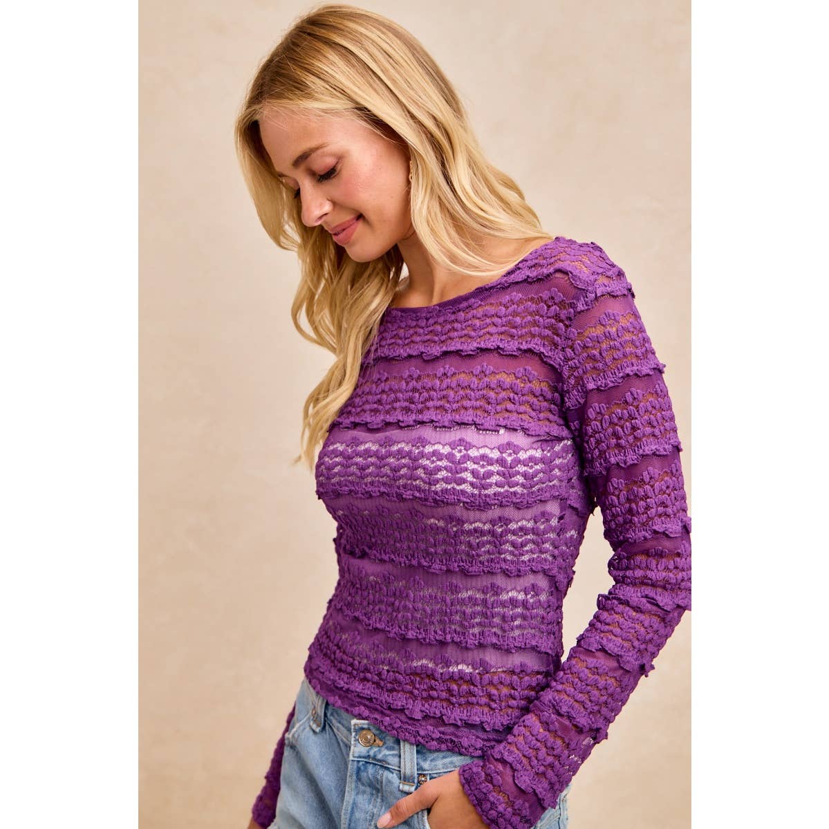 RUFFLES DETAIL MARDI GRAS COLOR FLOWER LACE TOP