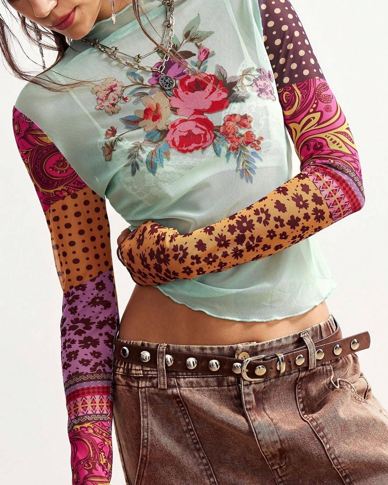 Bohemian Colorblock Floral Print Mesh Blouse