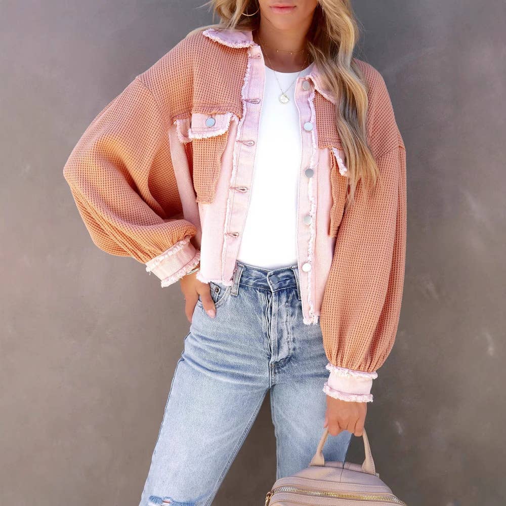 Long-sleeved waffle-patterned women's short jacket