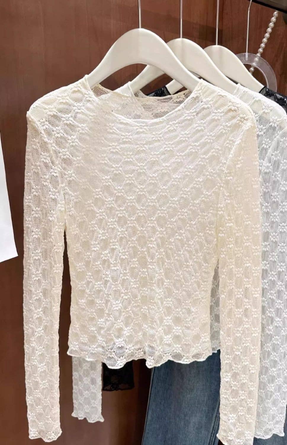 Sheer Mesh Diamond Floral Lace Layering Fitted Crew Top