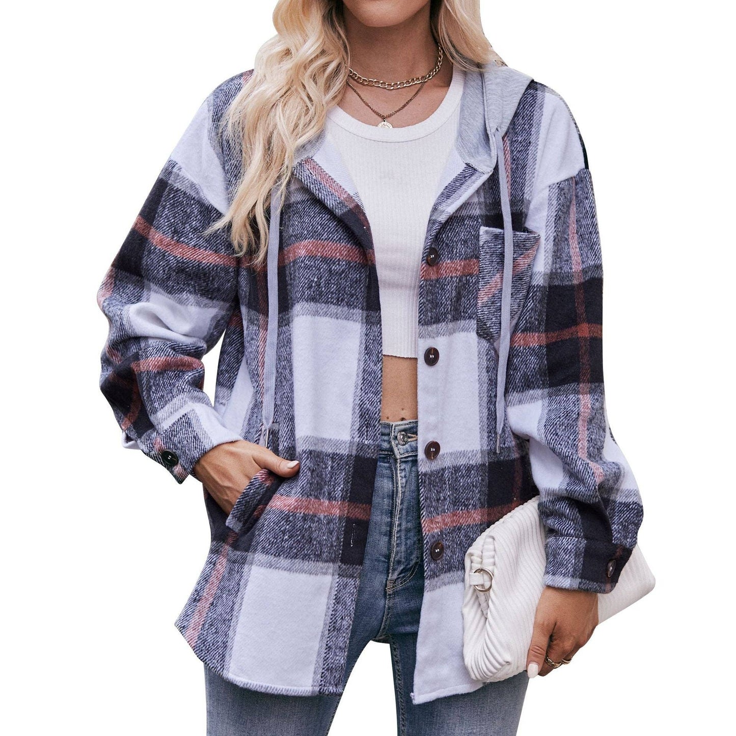 Plaid Hooded Button Down Jacket Long Sleeve Casual Shacket