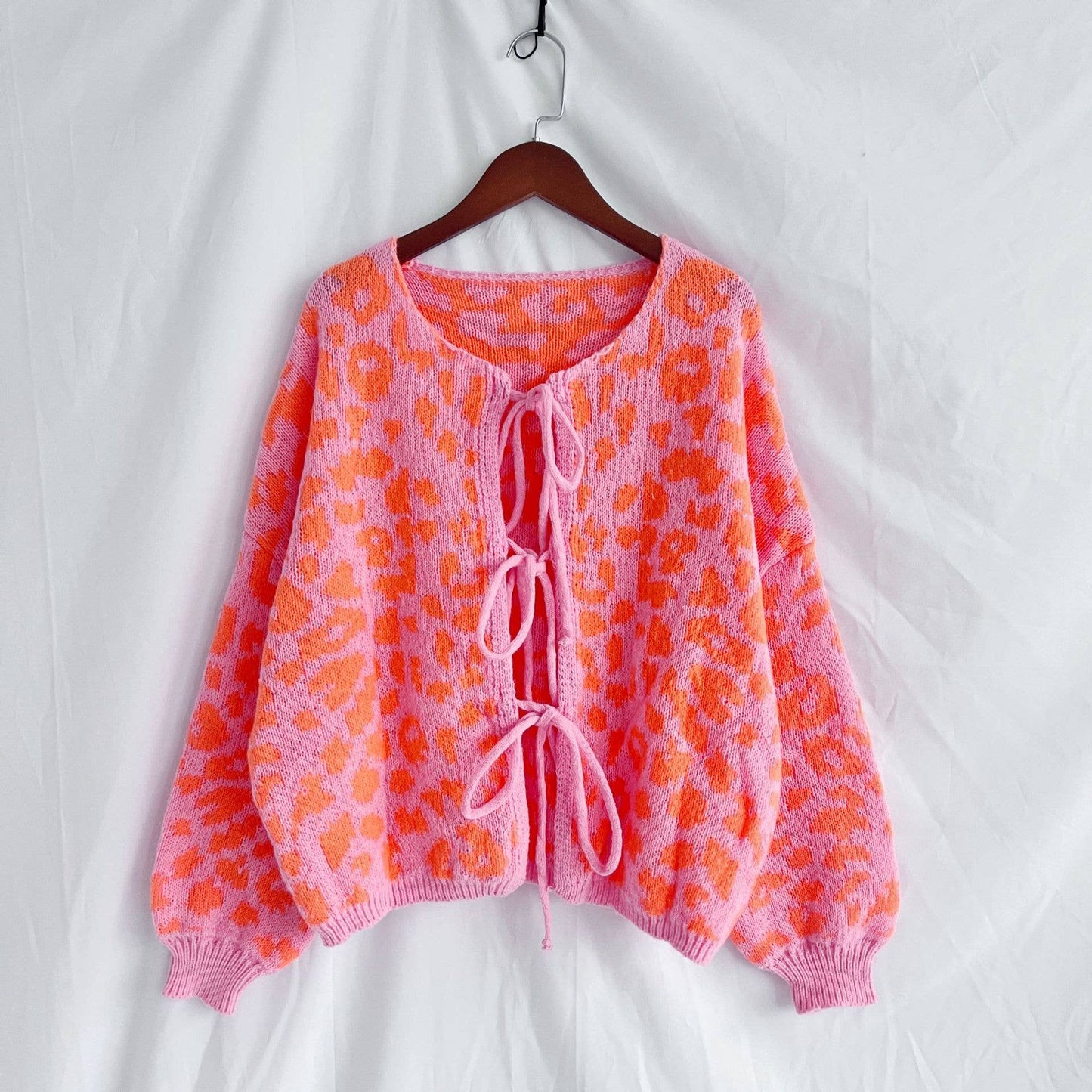 Retro Trendy Cheetah Leopard Print Lace-Up Cardigan