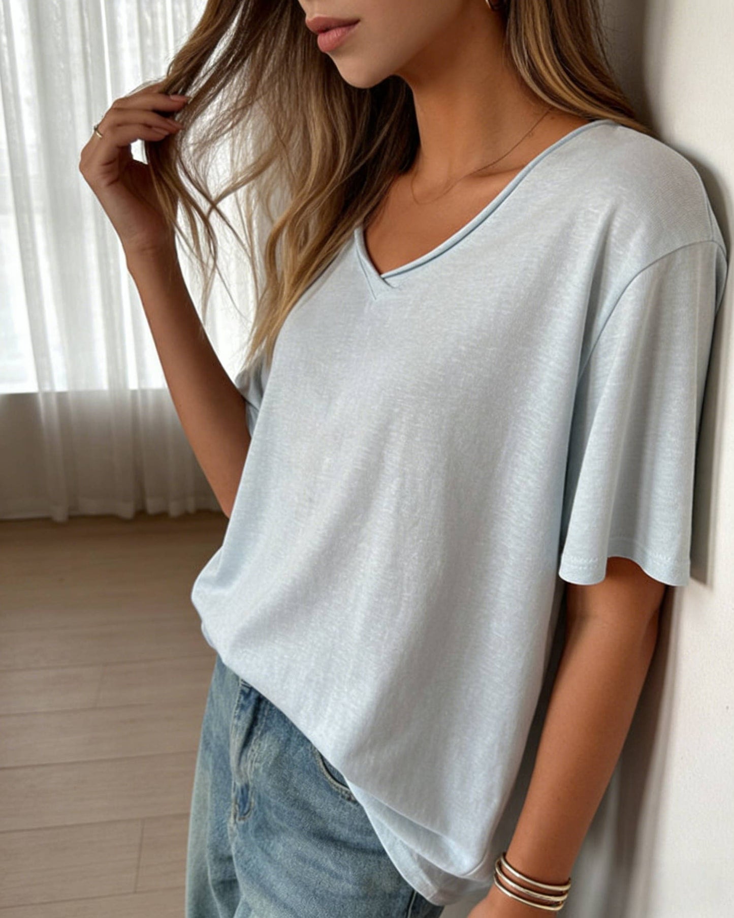 Cotton blend short sleeve roll neck tees V-neck T-shirt