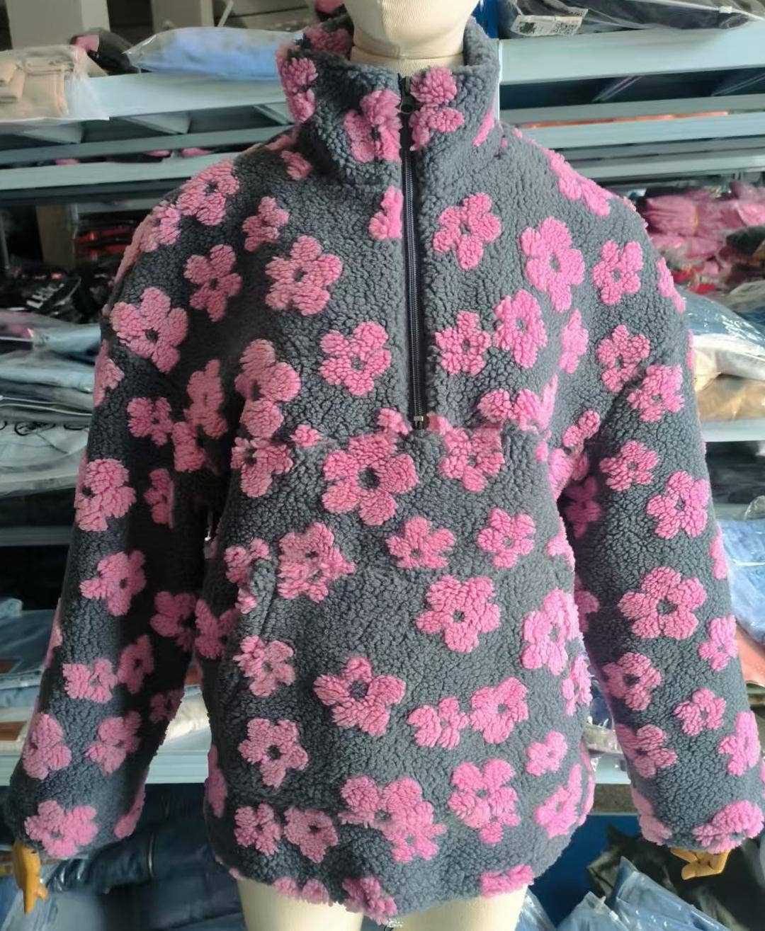 Oversized winter half-zip floral sherpa fleece sweatshirt