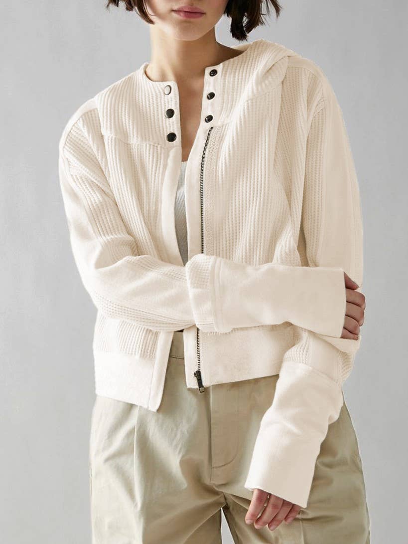Half button zip up waffle crop hoodie sweatshirt jacket