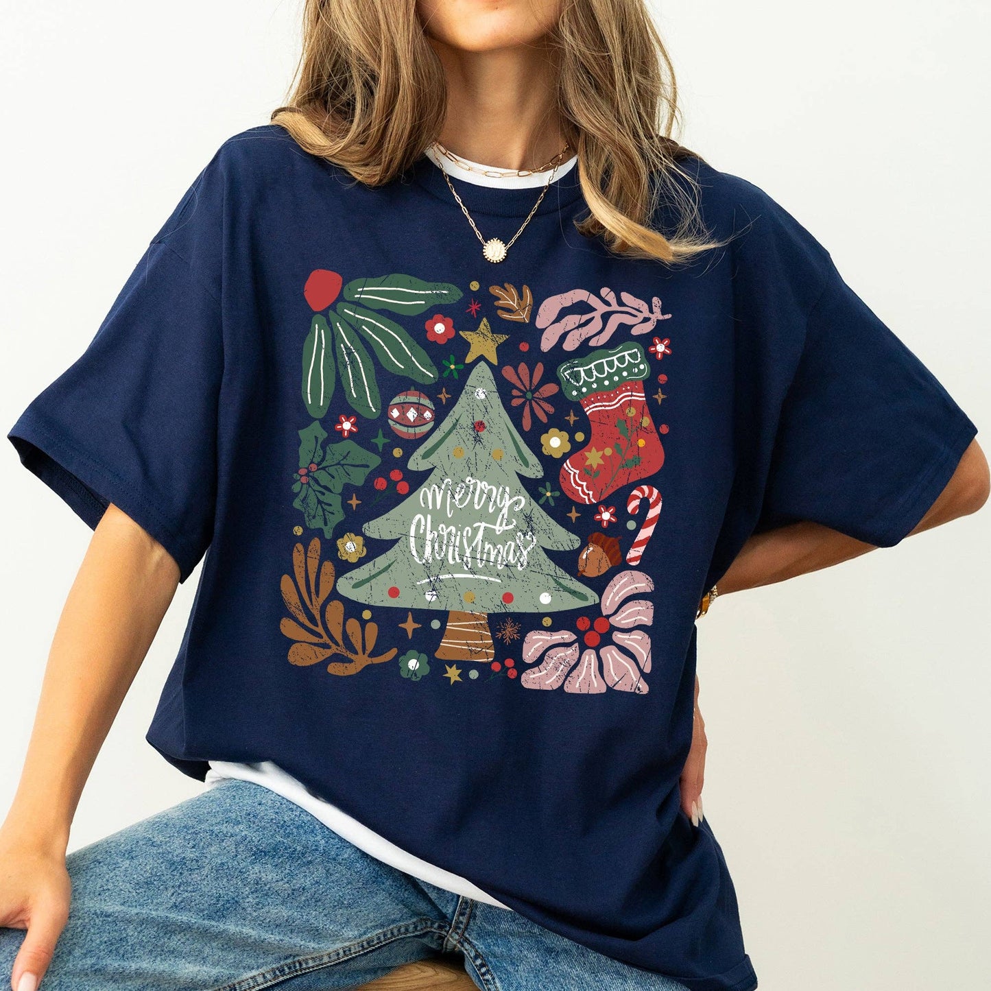 Merry Christmas, Green Floral, Flowers, Xmas Tshirt