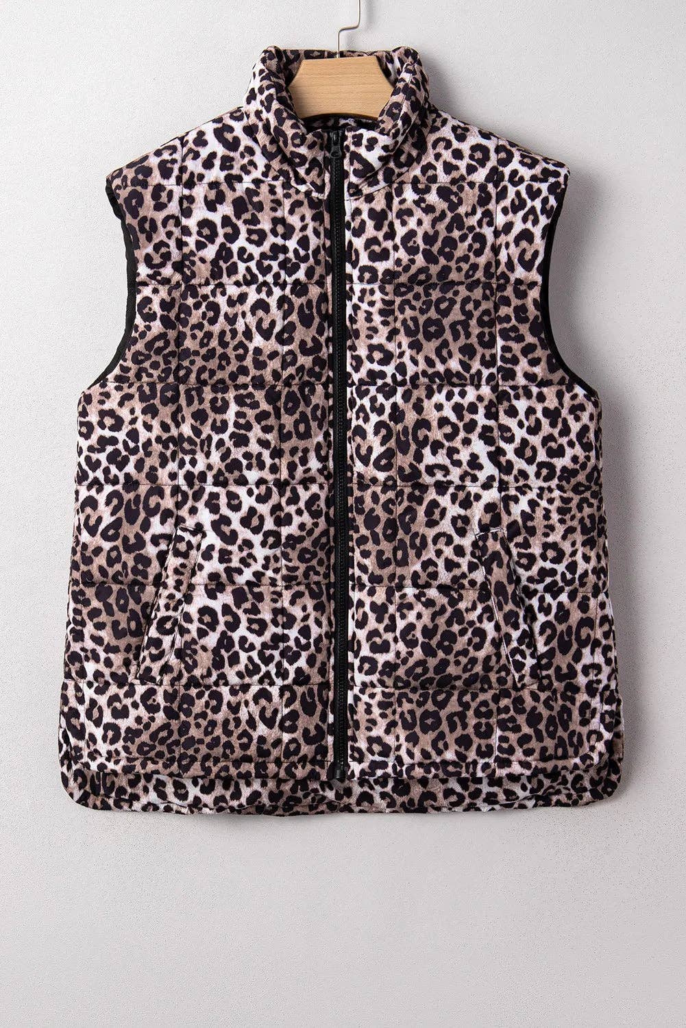 Brown Leopard Quilted Full Zipper Casual Puff Vest