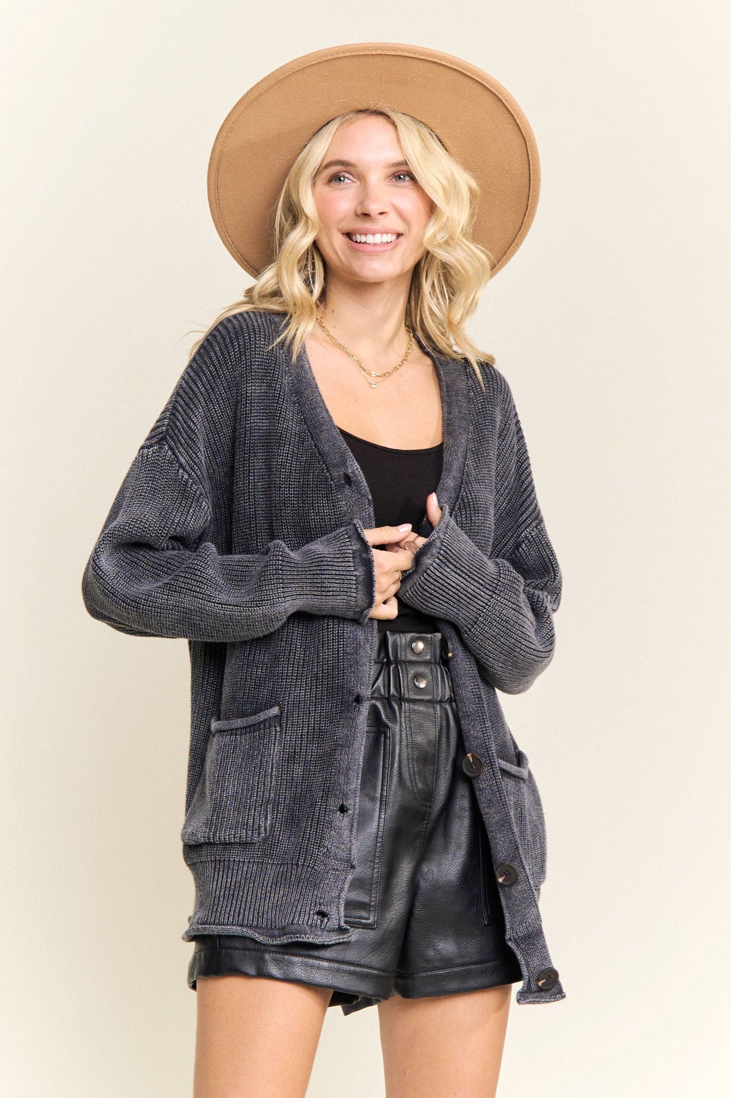 LESW3868-RIBBED BUTTON UP SWEATER CARDIGAN
