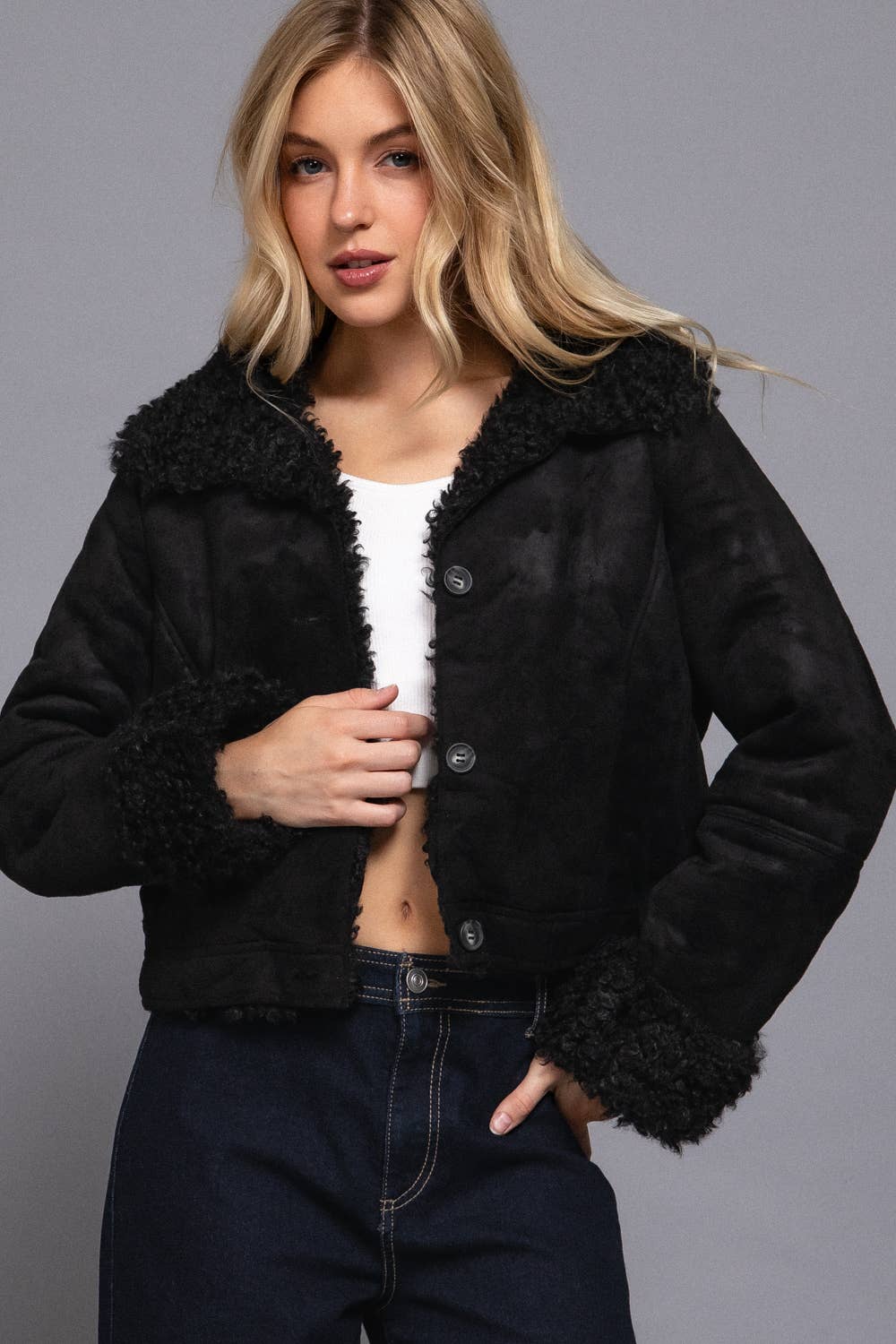 Long Sleeve Inside Fur Detail Penny Lane Suede Short Jacket