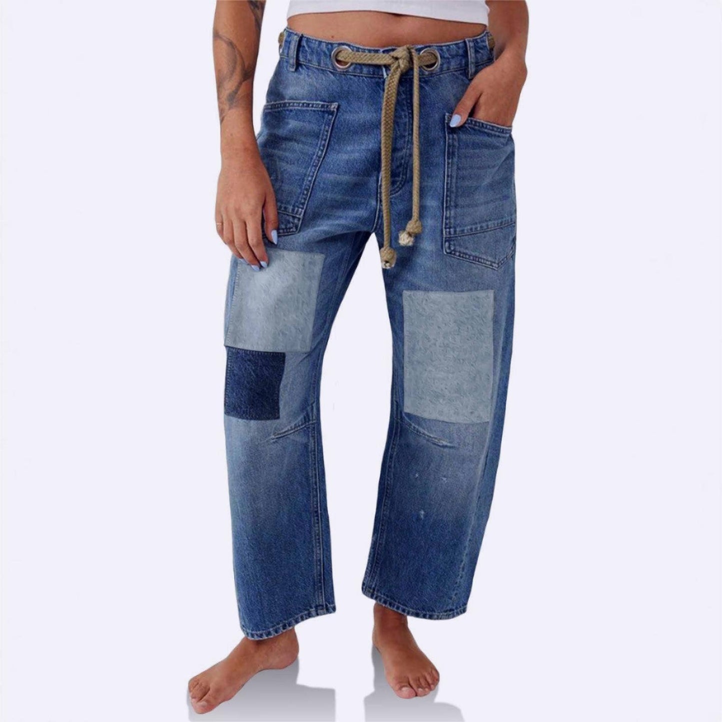 Western chic drawstring patchwork wide-leg jeans