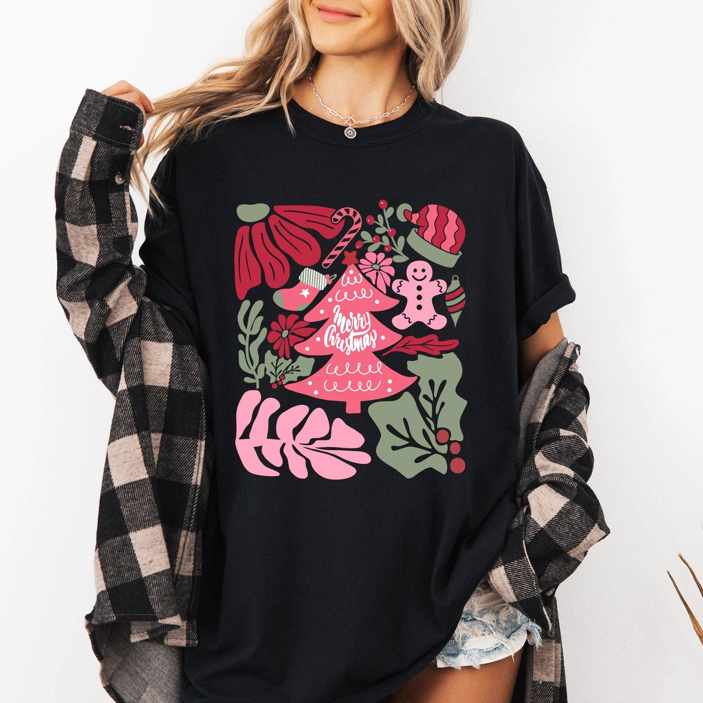 Merry Christmas, Pink Floral, Flowers, Xmas Tshirt