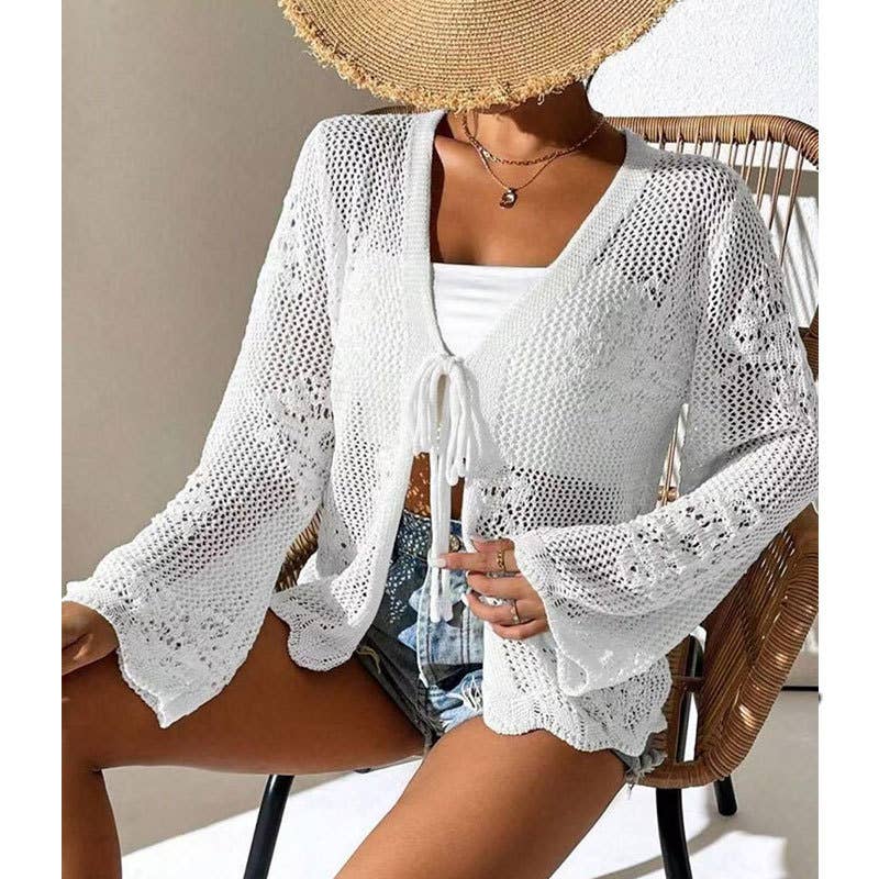 Floral Pattern Lace-Up Crochet Knit Beach Cover Top