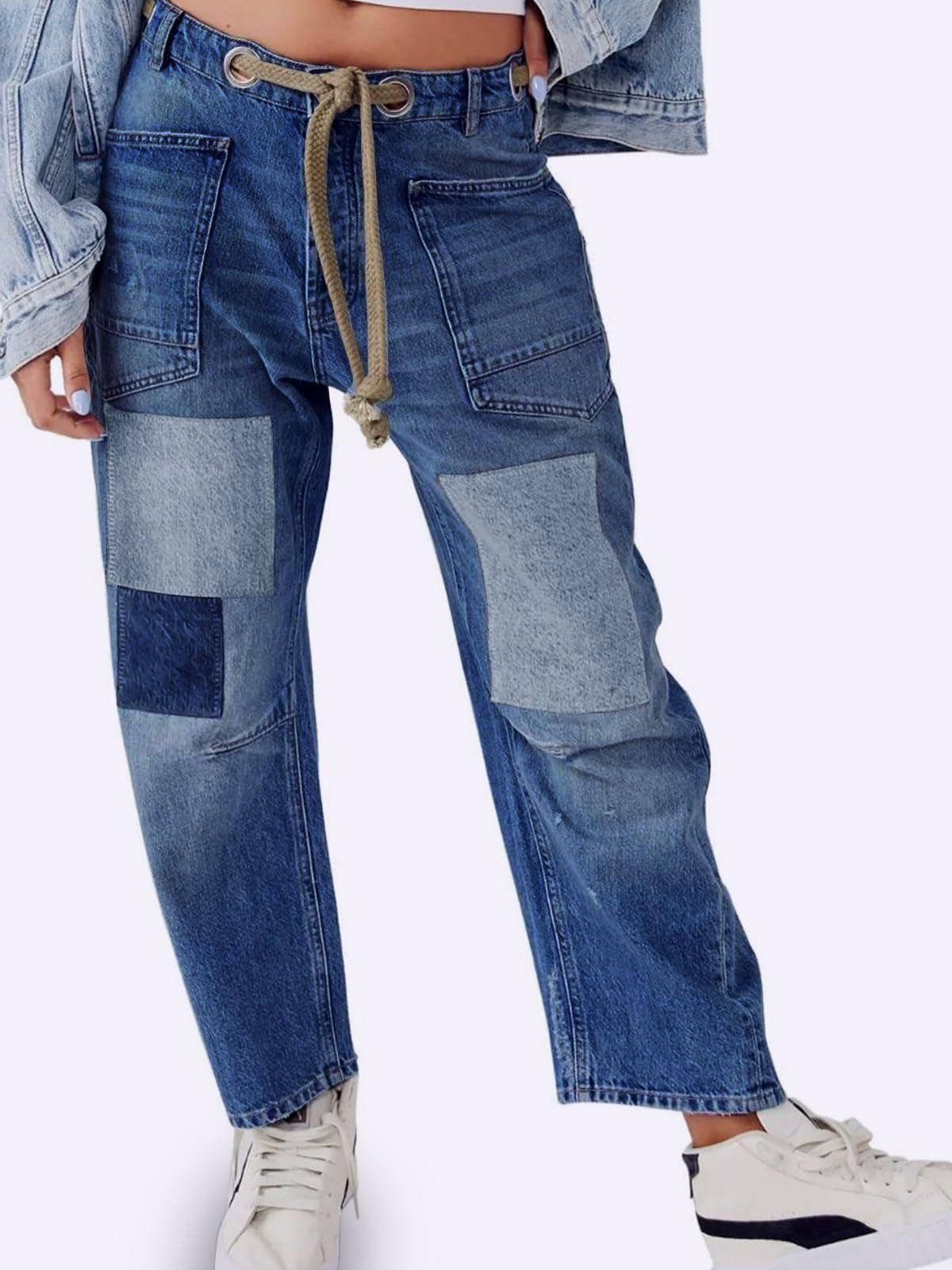 Western chic drawstring patchwork wide-leg jeans
