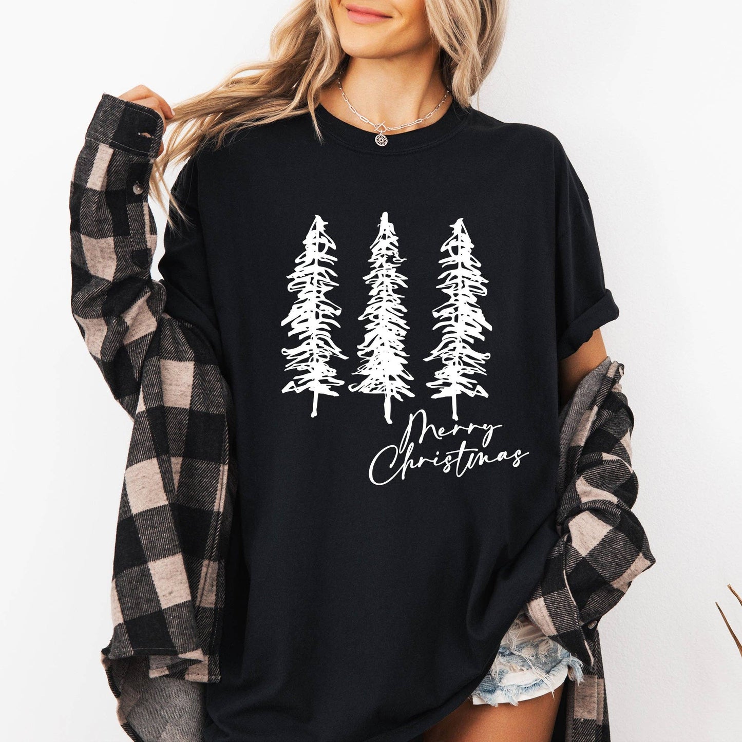 Merry Christmas, Sketched Pine Trees, Minimalist Xmas Tshirt