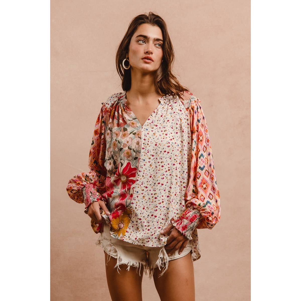 FLORAL PRINT MIX AND MATCH LONG SLEEVE PEASANT TOP