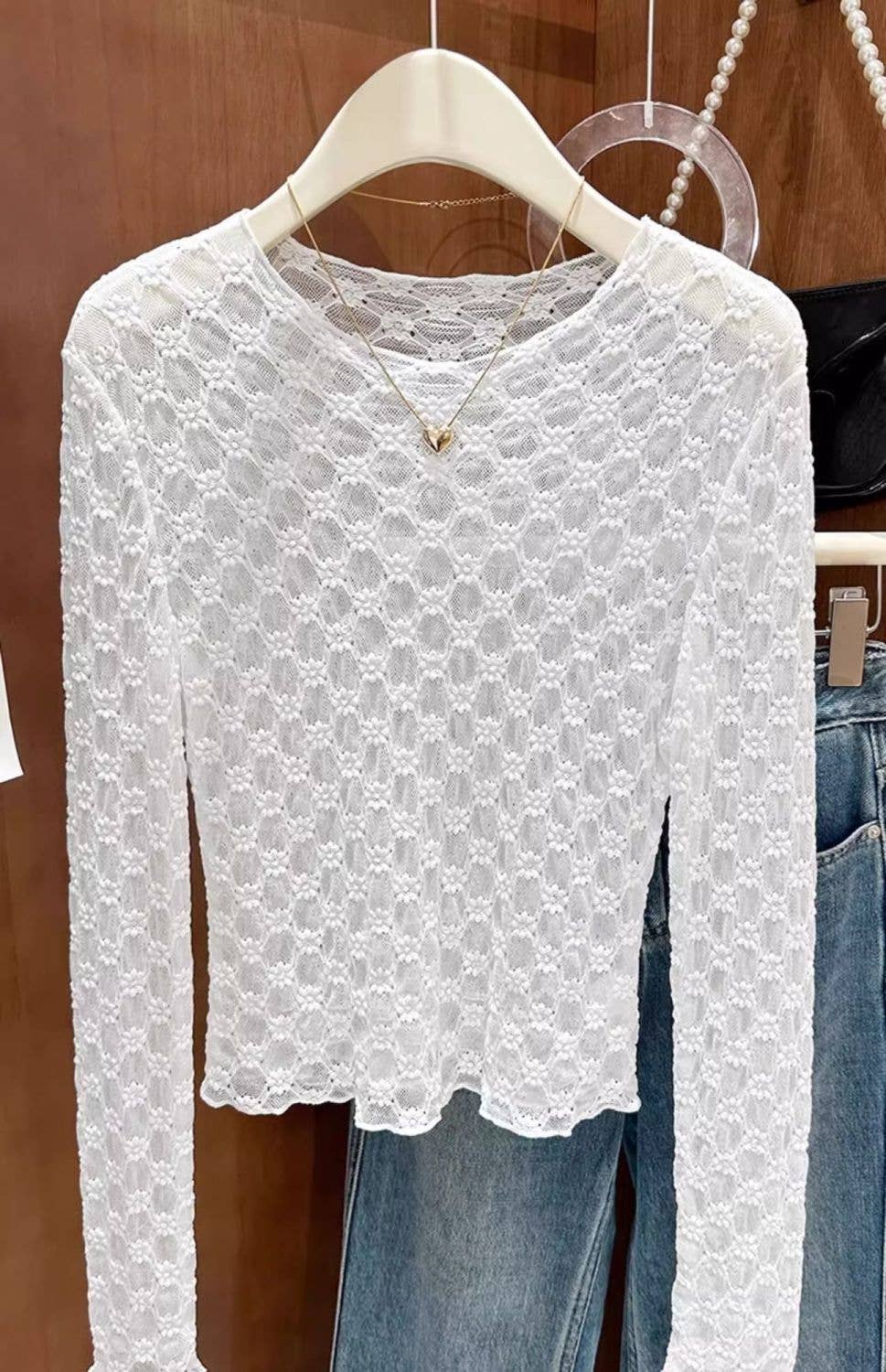 Sheer Mesh Diamond Floral Lace Layering Fitted Crew Top