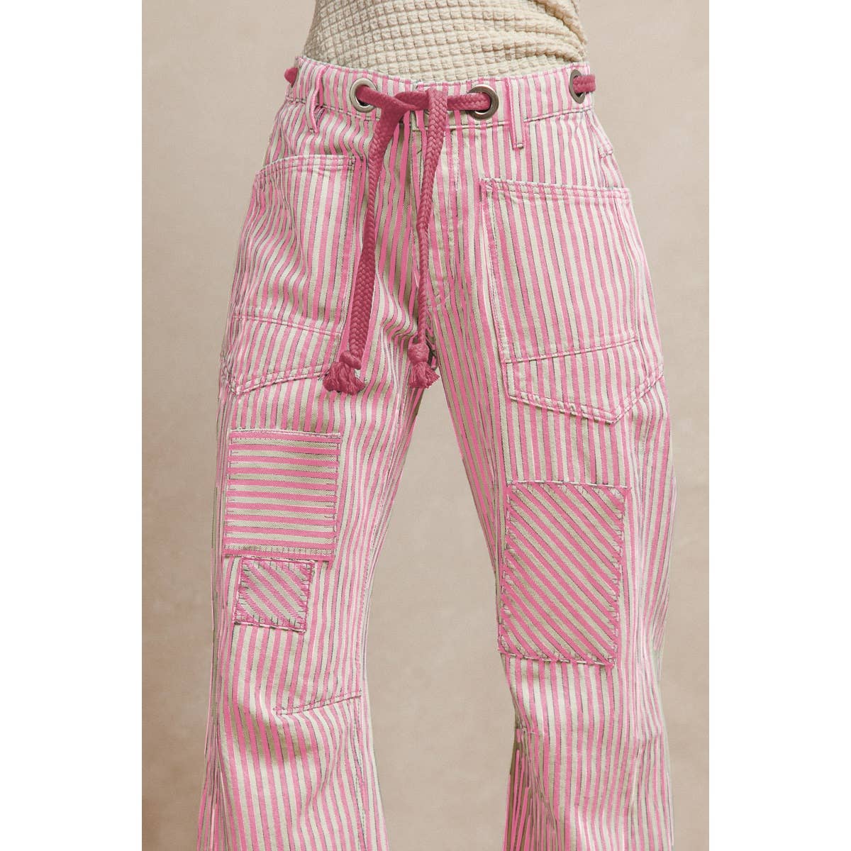 STRIPED TWILL BARREL PANTS