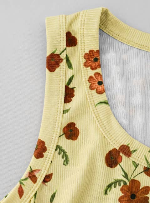 Boho Retro Floral Print Ribbed Knit Slim-Fit Tank Tops
