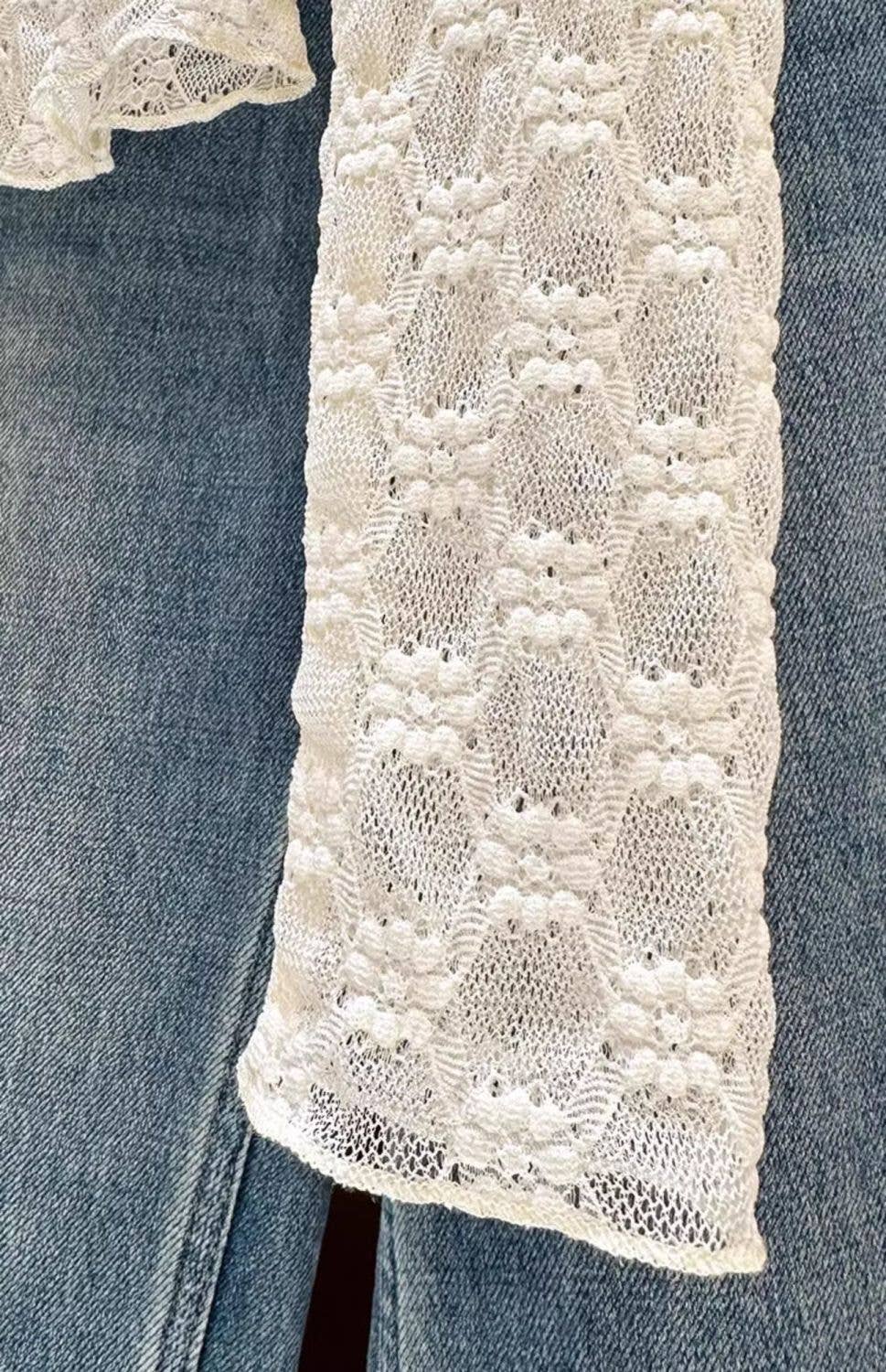 Sheer Mesh Diamond Floral Lace Layering Fitted Crew Top
