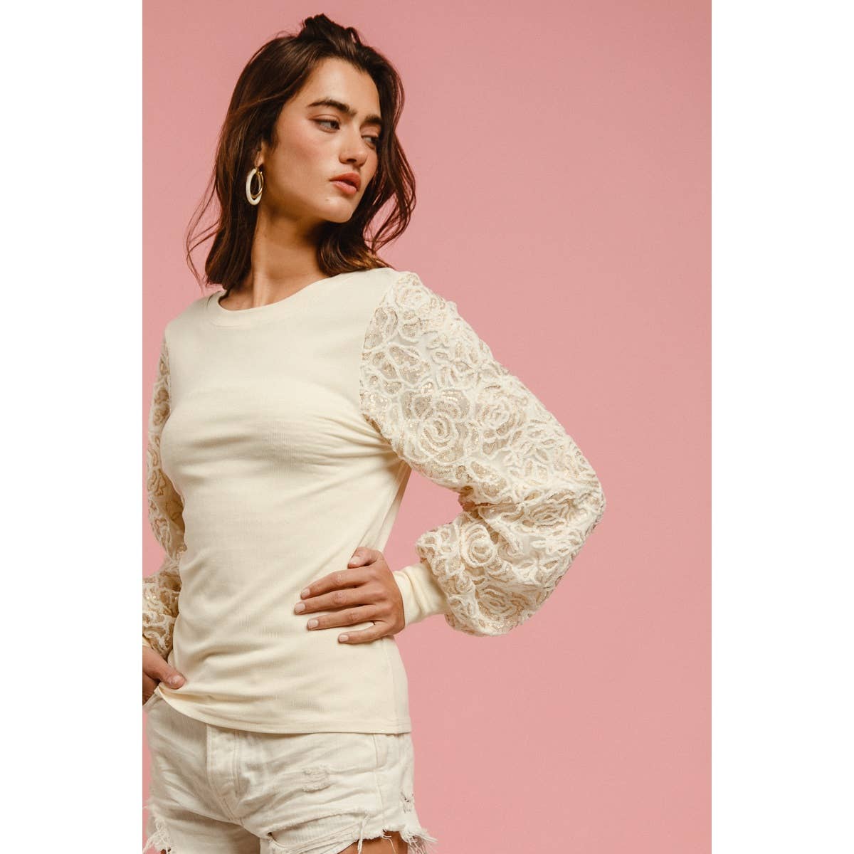 CHENILLE AND SEQUIN EMBELLISHED FLORAL KNIT TOP