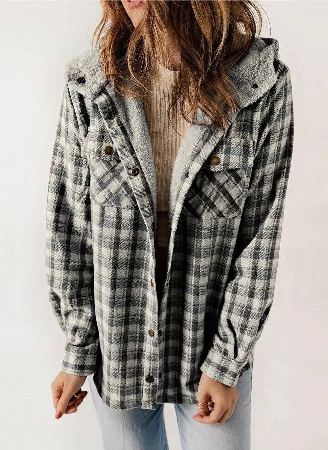 Western buttons hoodie plaid fleece lined shacket coat