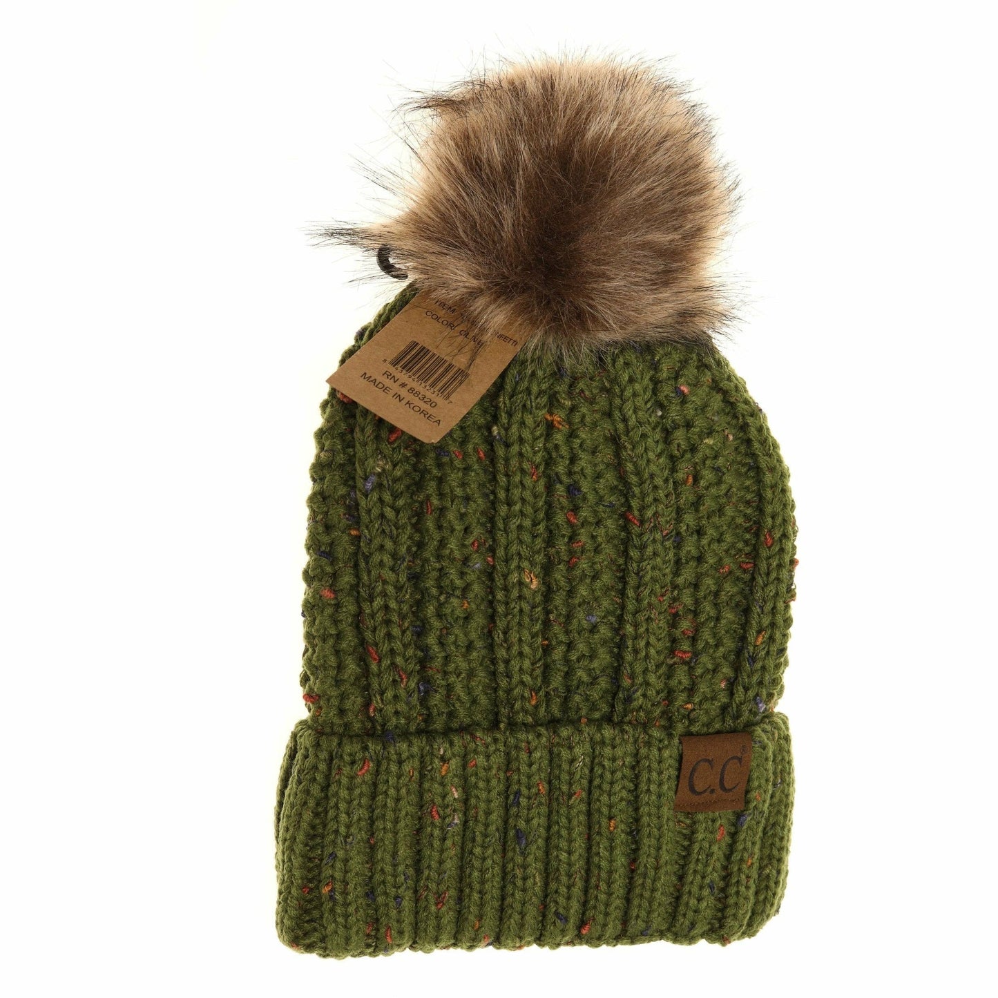 Fuzzy Lined Flecked Fur Pom CC Beanie YJ820CONFETTI