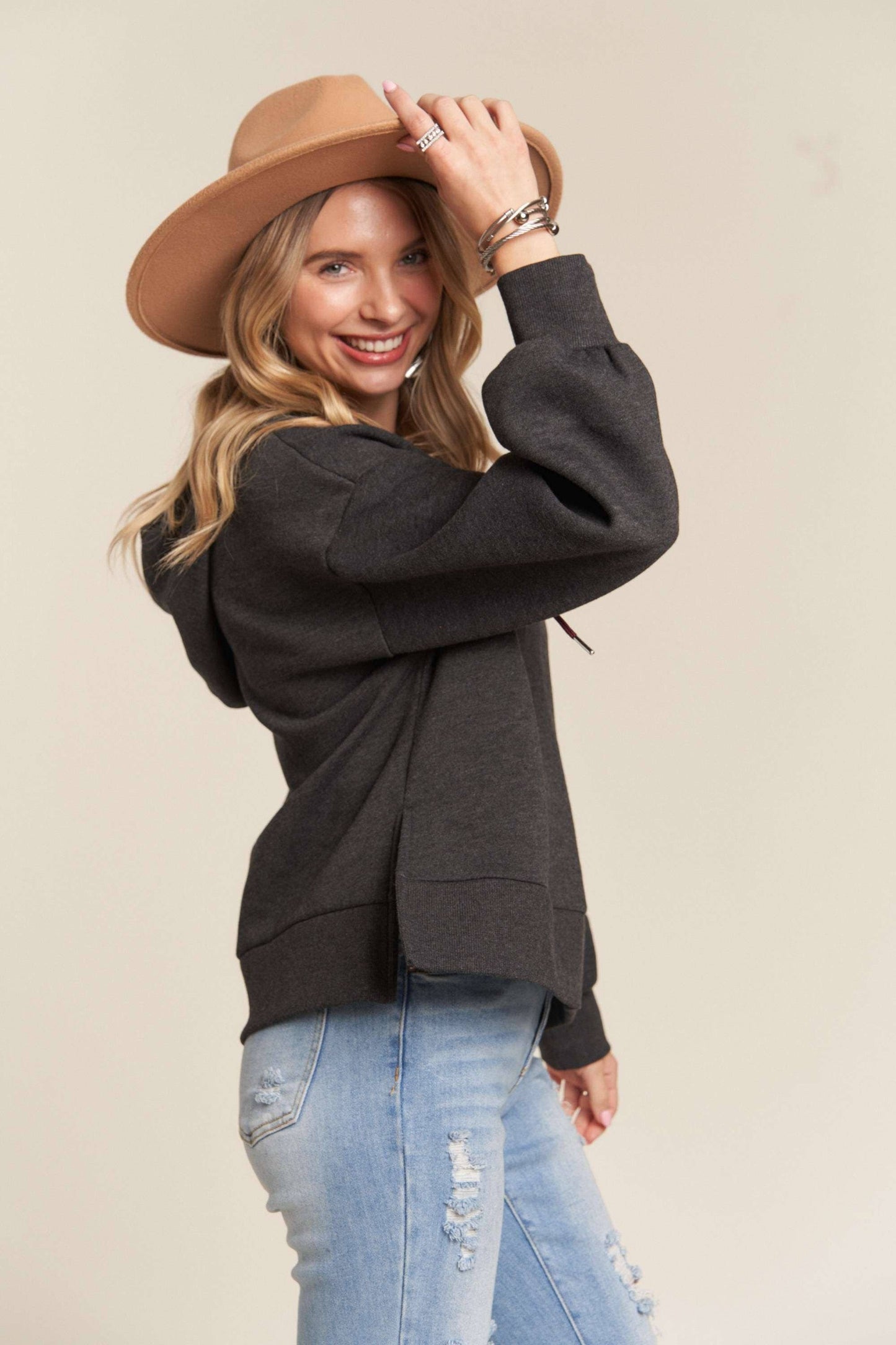 INSIDE NAPPED HOODIE TUNIC TOP