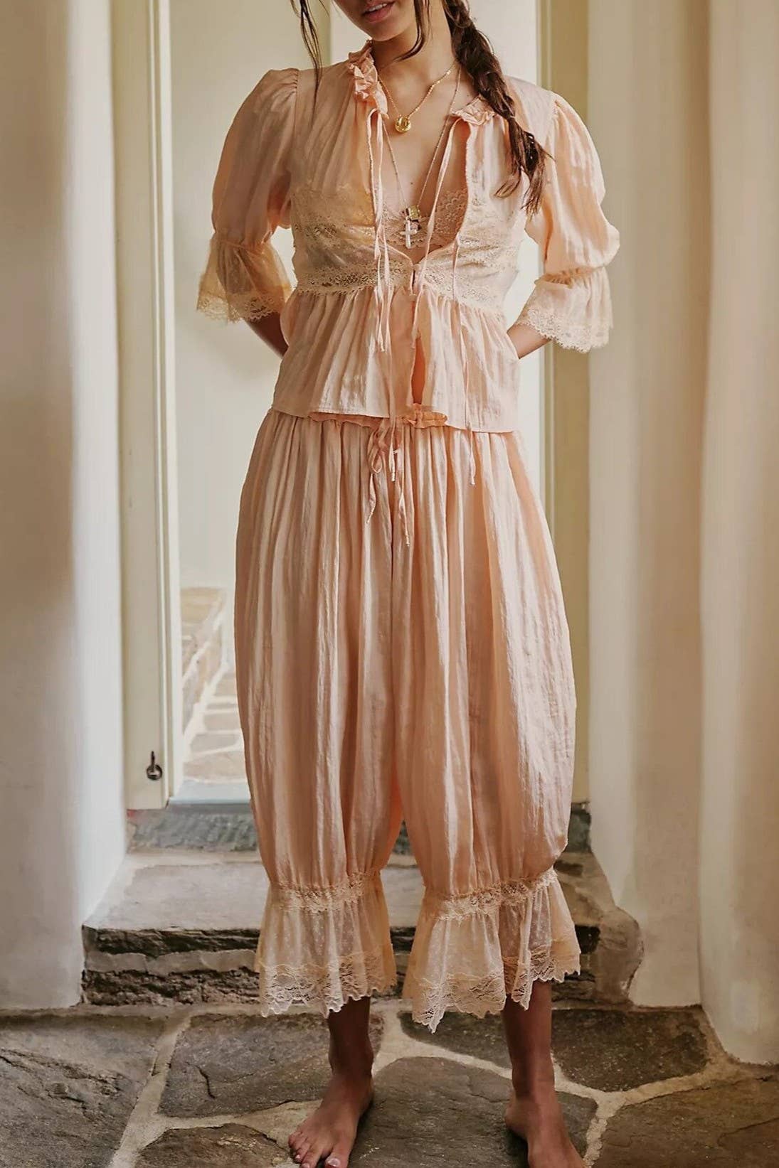 Boho vintage Victoria ancient ways tie front lace blouse