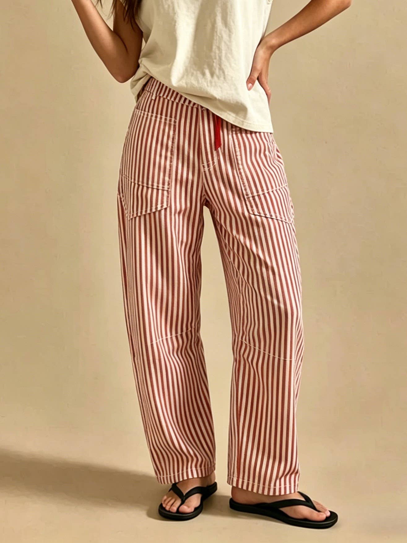 Contrast Drawstring Waist Pull-On Barrel Jeans in Stripe