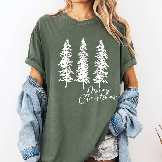 Merry Christmas, Sketched Pine Trees, Minimalist Xmas Tshirt
