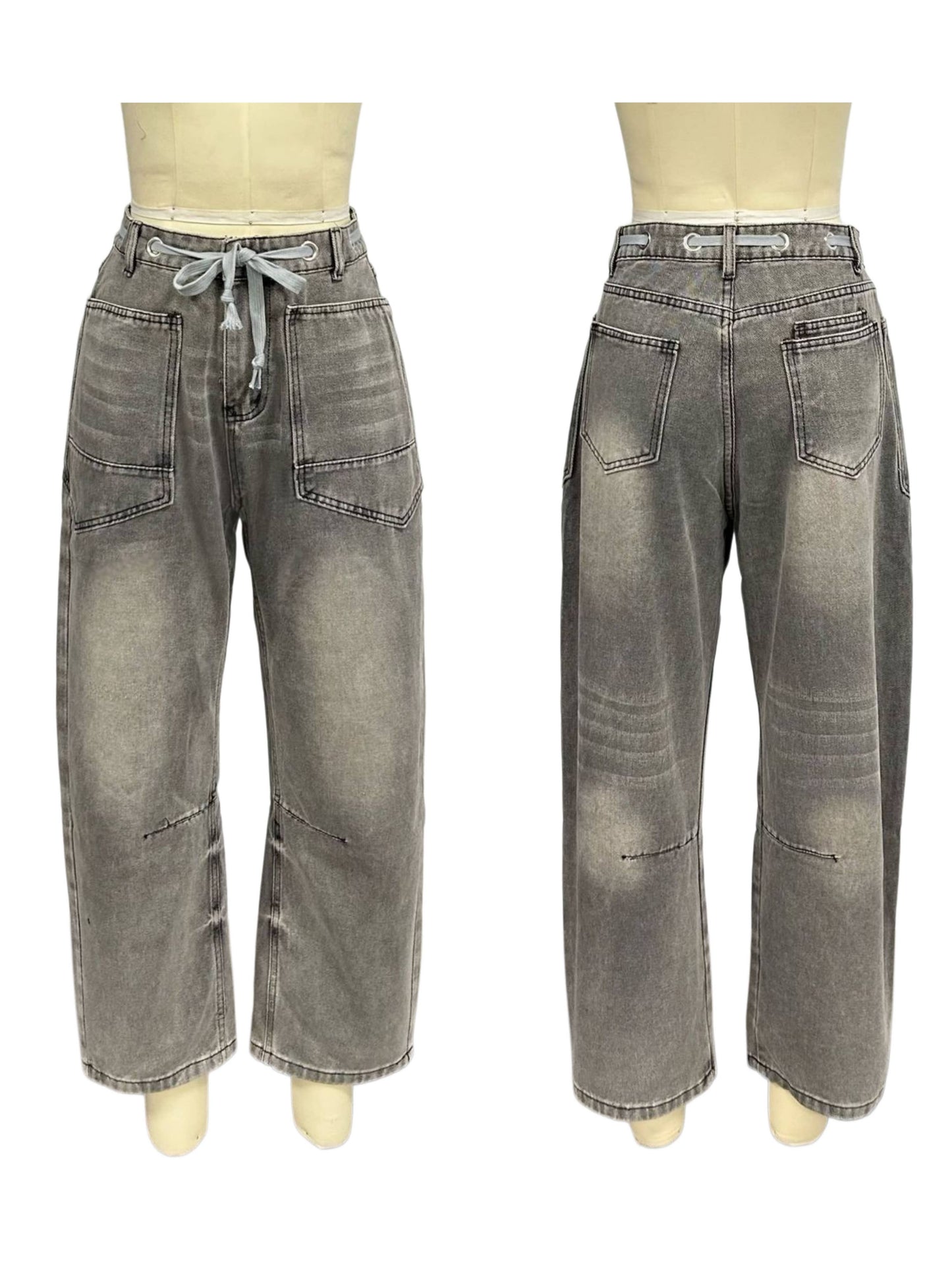 Contrast Drawstring Waist Pull-On Barrel Jeans in Stripe